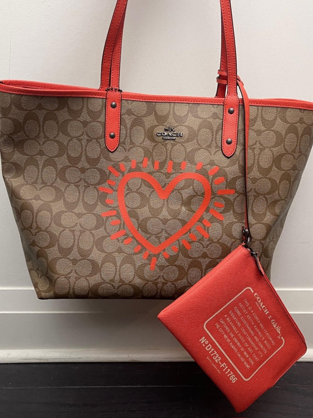 Coach x Keith Hering reversible Brown/Orange tote Leather bag Heart handbag